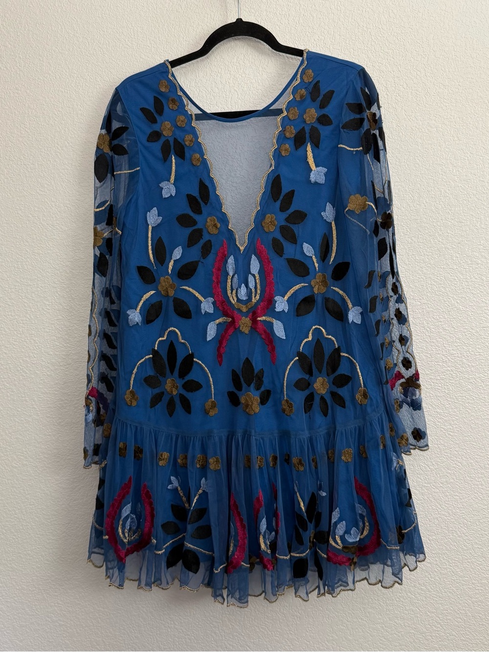 Free People Hearts Are Wild Embroidered Blue Mini Dress Small - Picture 2 of 7